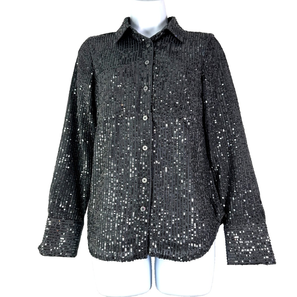 By Anthropologie Womens Fully Sequin Button Long Sleeve Shirt Sz XS